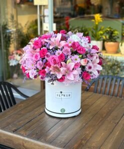 Luxury white flower box with pink roses, lilies, and seasonal flowers for Mother’s Day