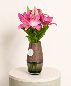 Premium pink Stargazer lilies arranged in a decorative vase by Marino Flowers.