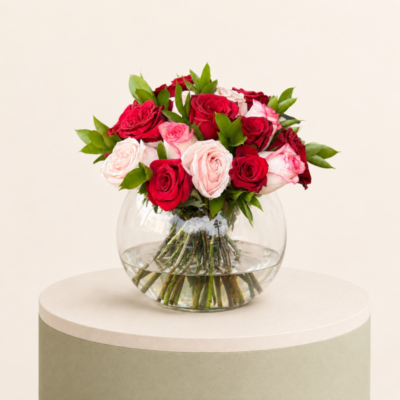 Luxury arrangement of red and blush pink roses in an elegant glass bowl vase by Marino Flowers.