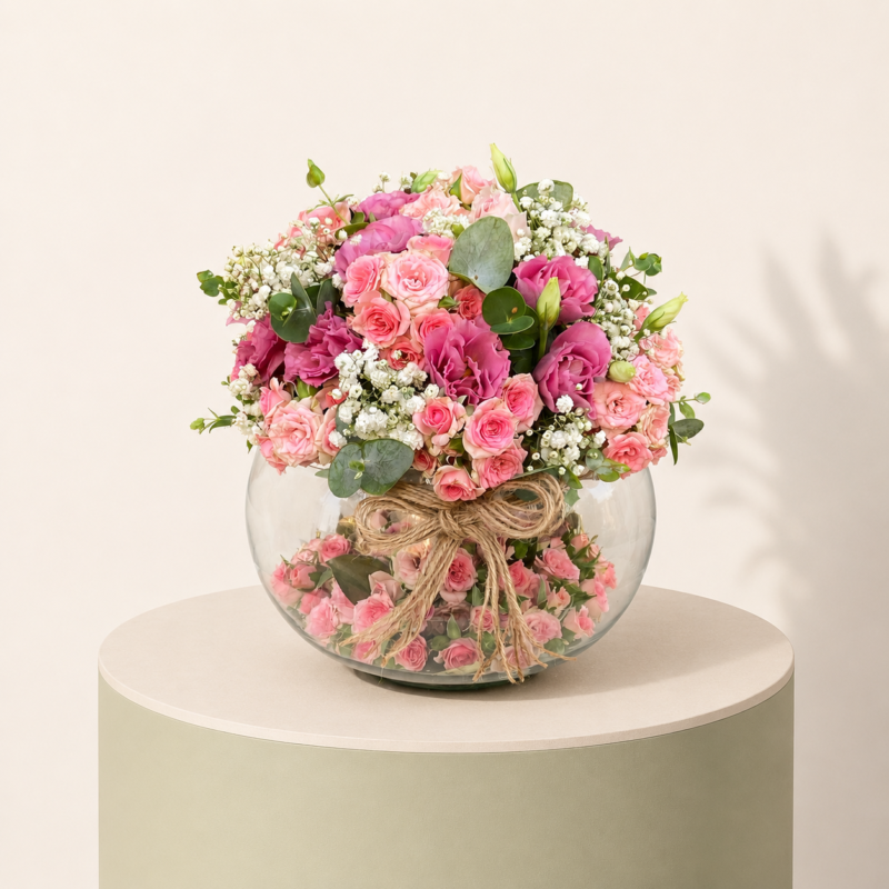 Pink roses, pink spray roses, lisianthus, baby’s breath, and eucalyptus arranged in a round glass vase by Marino Flowers.