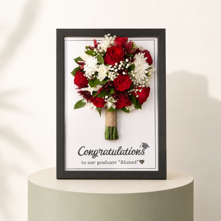 A3 custom graduation floral frame with red roses and white flowers by Marino Flowers