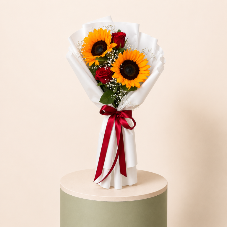 Sunflower & Red Rose White Wrap Bouquet