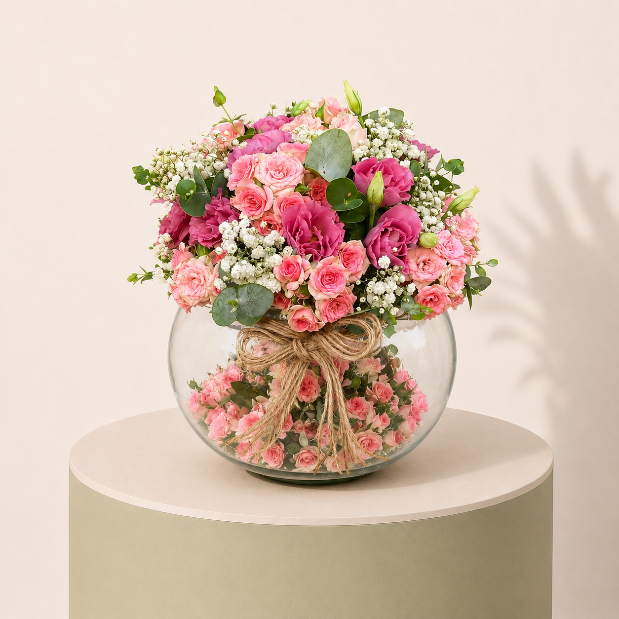 Pink roses, pink spray roses, lisianthus, baby’s breath, and eucalyptus arranged in a round glass vase by Marino Flowers.