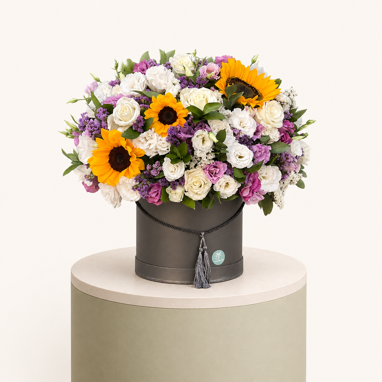 Sunlit Harmony Sunflower and Rose Flower Box Luxury sunflower and white rose flower box with hydrangea and lavender flowers by Marino Flowers