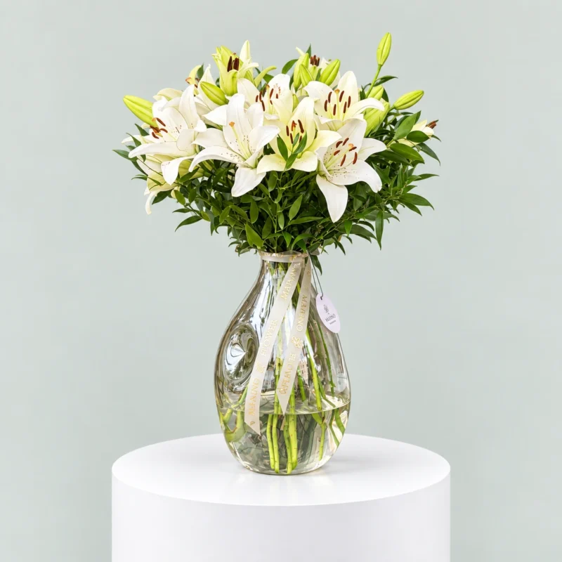 Pure Majesty – 10 Stems White Lilies Luxury Vase
