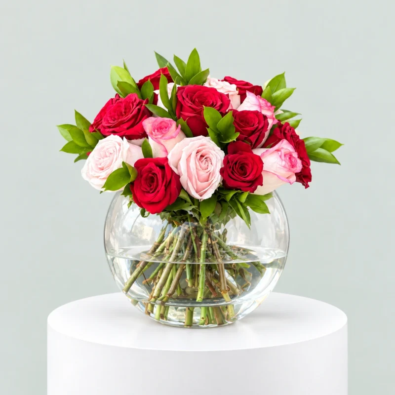 Red and blush pink rose arrangement with fresh green foliage in a clear round glass fishbowl vase by Marino Flowers.