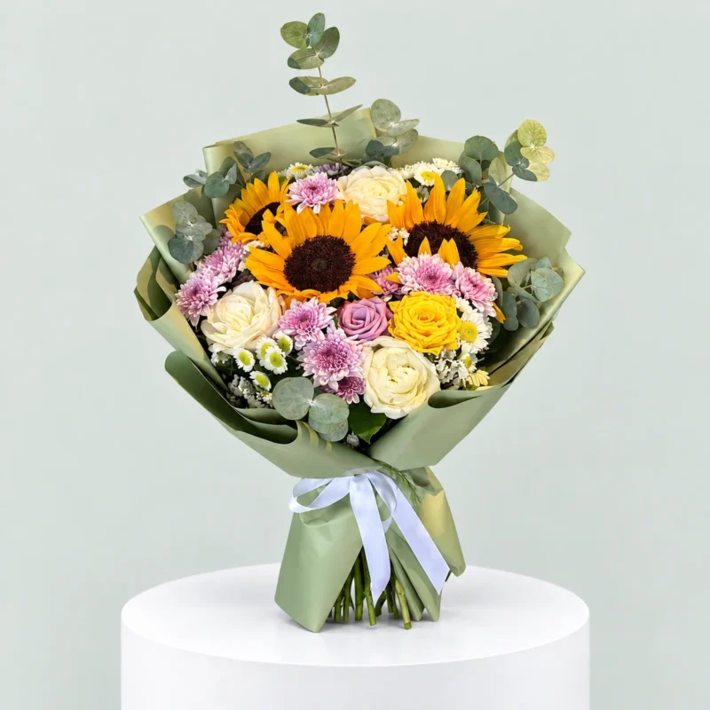 Sunflower and white lily bouquet with cream roses and white chrysanthemums in sage-green wrapping.
